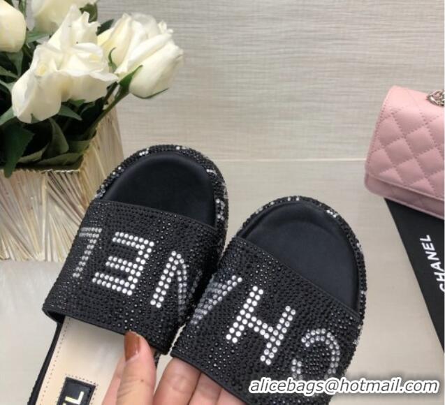 Best Grade Chanel Crystals Allover Wedge Slide Sandals with Letters Black 423017