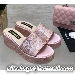 Stylish Chanel Crystals Allover Wedge Slide Sandals with Letters Pink 423018