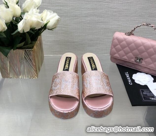 Stylish Chanel Crystals Allover Wedge Slide Sandals with Letters Pink 423018