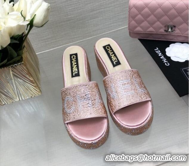 Stylish Chanel Crystals Allover Wedge Slide Sandals with Letters Pink 423018