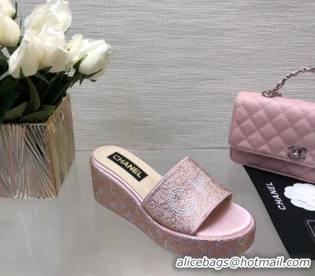 Stylish Chanel Crystals Allover Wedge Slide Sandals with Letters Pink 423018