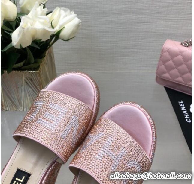 Stylish Chanel Crystals Allover Wedge Slide Sandals with Letters Pink 423018