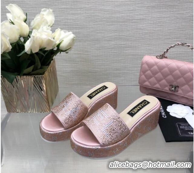 Stylish Chanel Crystals Allover Wedge Slide Sandals with Letters Pink 423018