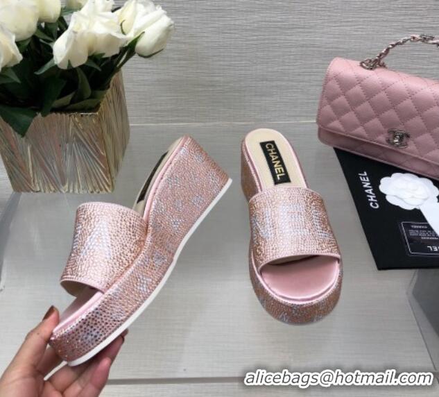 Stylish Chanel Crystals Allover Wedge Slide Sandals with Letters Pink 423018