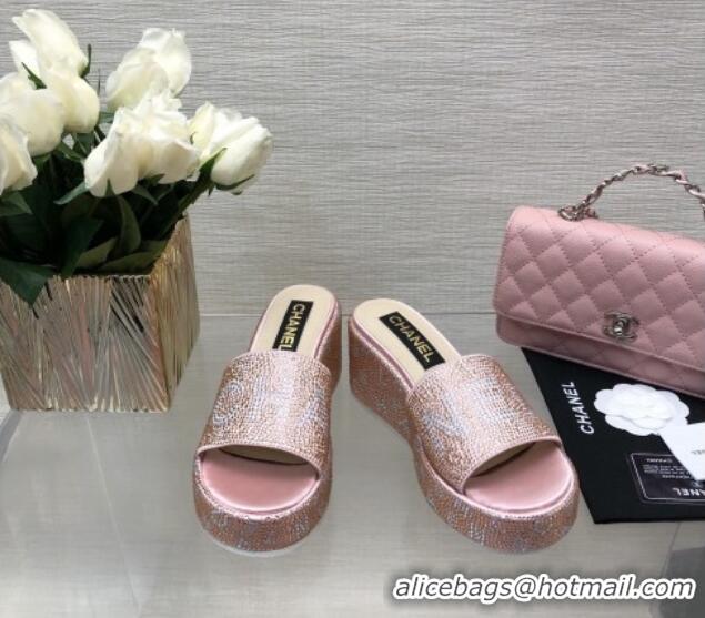 Stylish Chanel Crystals Allover Wedge Slide Sandals with Letters Pink 423018