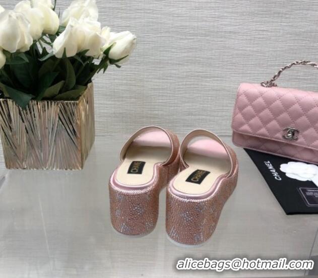 Stylish Chanel Crystals Allover Wedge Slide Sandals with Letters Pink 423018