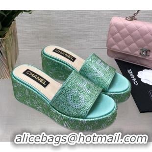 Classic Hot Chanel Crystals Allover Wedge Slide Sandals with Letters Green 423019