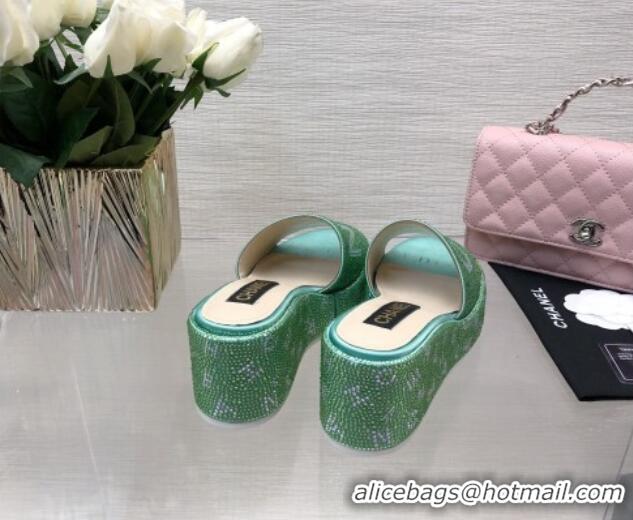 Classic Hot Chanel Crystals Allover Wedge Slide Sandals with Letters Green 423019