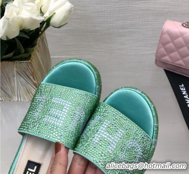 Classic Hot Chanel Crystals Allover Wedge Slide Sandals with Letters Green 423019