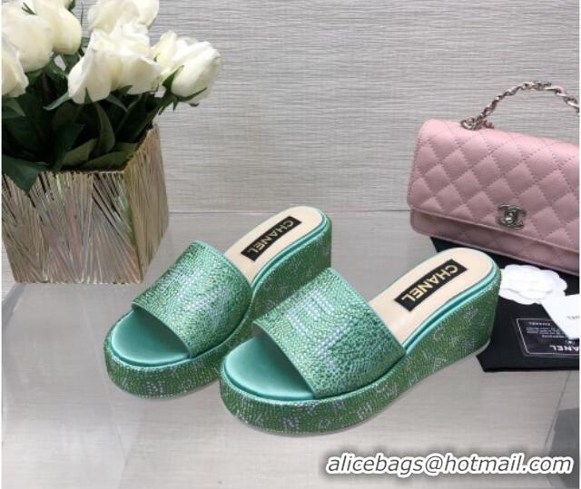 Classic Hot Chanel Crystals Allover Wedge Slide Sandals with Letters Green 423019