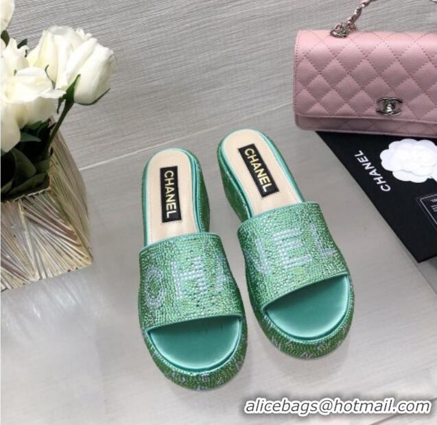 Classic Hot Chanel Crystals Allover Wedge Slide Sandals with Letters Green 423019