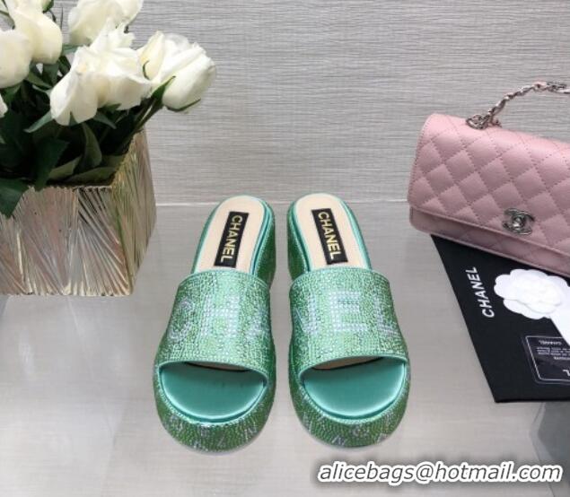 Classic Hot Chanel Crystals Allover Wedge Slide Sandals with Letters Green 423019