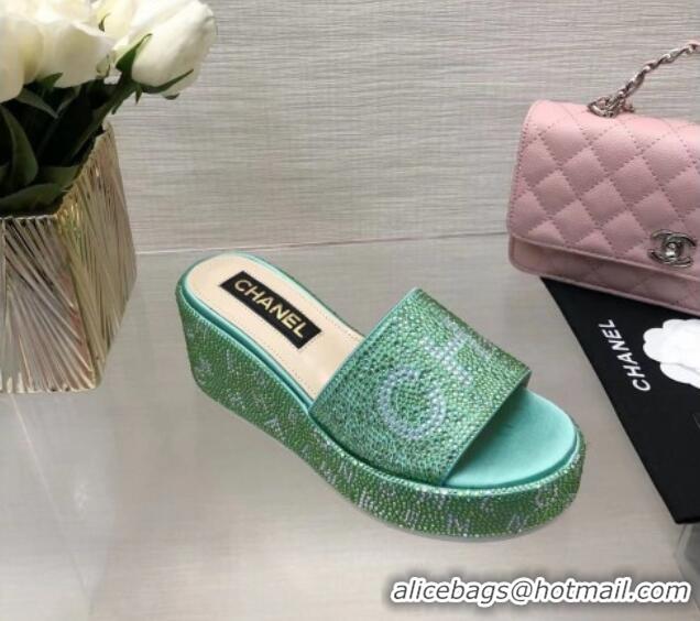 Classic Hot Chanel Crystals Allover Wedge Slide Sandals with Letters Green 423019