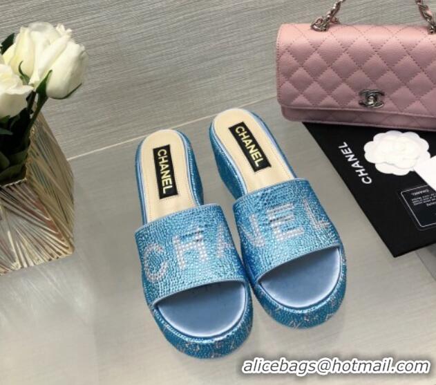 Hot Style Chanel Crystals Allover Wedge Slide Sandals with Letters Blue 423020