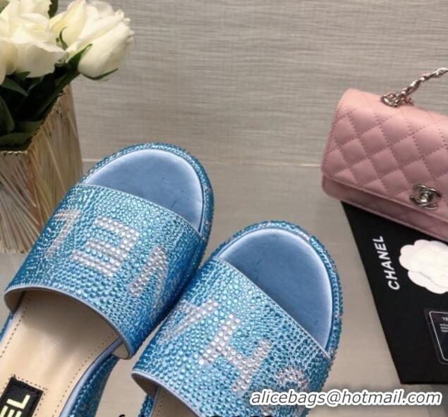 Hot Style Chanel Crystals Allover Wedge Slide Sandals with Letters Blue 423020