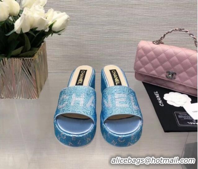 Hot Style Chanel Crystals Allover Wedge Slide Sandals with Letters Blue 423020