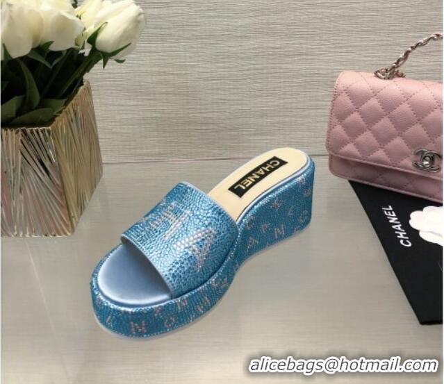 Hot Style Chanel Crystals Allover Wedge Slide Sandals with Letters Blue 423020