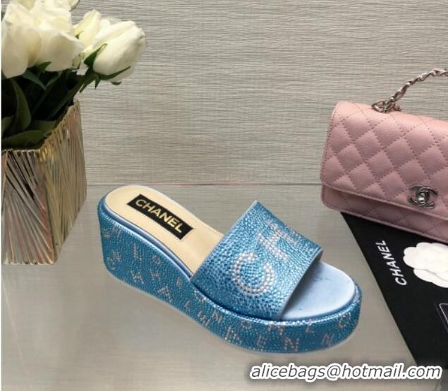 Hot Style Chanel Crystals Allover Wedge Slide Sandals with Letters Blue 423020