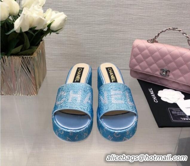 Hot Style Chanel Crystals Allover Wedge Slide Sandals with Letters Blue 423020