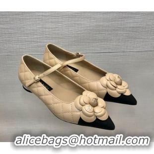 Grade Chanel Quilted Lambskin Mary Janes Ballet Flat with Camellia Beige 0423021