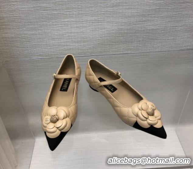 Grade Chanel Quilted Lambskin Mary Janes Ballet Flat with Camellia Beige 0423021