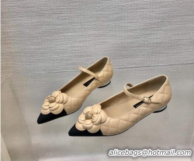 Grade Chanel Quilted Lambskin Mary Janes Ballet Flat with Camellia Beige 0423021