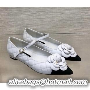 Perfect Chanel Quilted Lambskin Mary Janes Ballet Flat with Camellia White 423022