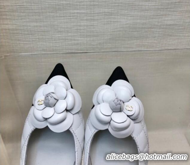 Perfect Chanel Quilted Lambskin Mary Janes Ballet Flat with Camellia White 423022