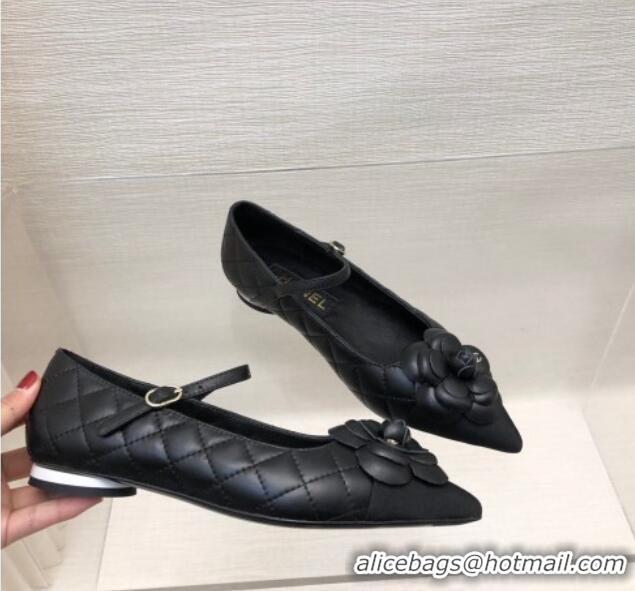 Grade Quality Chanel Quilted Lambskin Mary Janes Ballet Flat with Camellia Black 423023