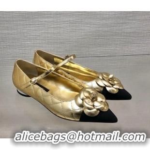 Famous Chanel Quilted Lambskin Mary Janes Ballet Flat with Camellia Gold 0423024