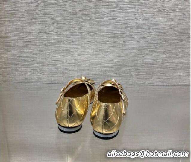 Famous Chanel Quilted Lambskin Mary Janes Ballet Flat with Camellia Gold 0423024