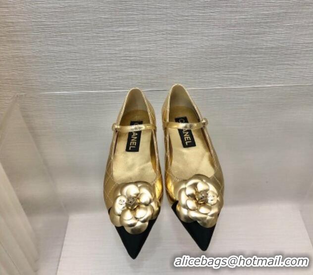 Famous Chanel Quilted Lambskin Mary Janes Ballet Flat with Camellia Gold 0423024