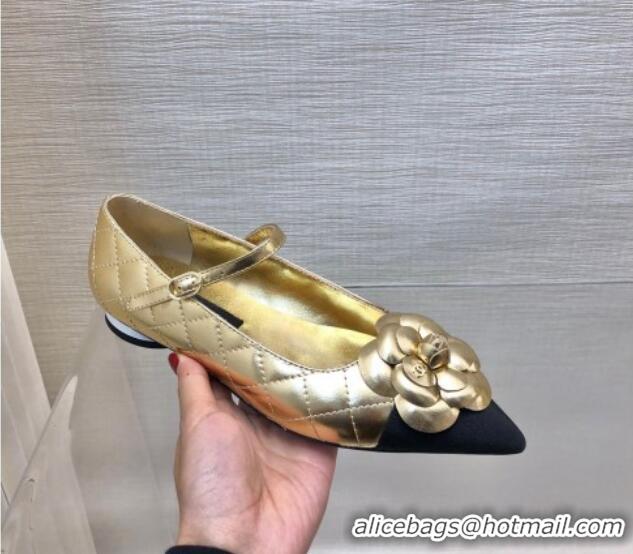 Famous Chanel Quilted Lambskin Mary Janes Ballet Flat with Camellia Gold 0423024