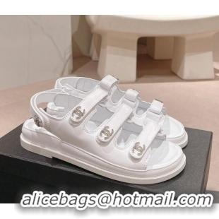 Pretty Style Chanel Lambskin Flat Sandals with Triple Straps and Crystals CC White 0423025