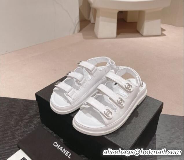 Pretty Style Chanel Lambskin Flat Sandals with Triple Straps and Crystals CC White 0423025