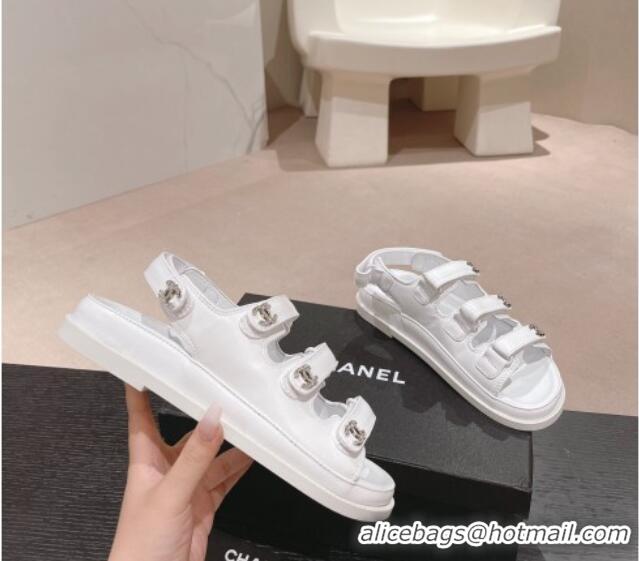 Pretty Style Chanel Lambskin Flat Sandals with Triple Straps and Crystals CC White 0423025