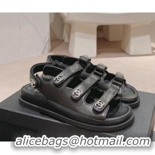 Popular Style Chanel Lambskin Flat Sandals with Triple Straps and Crystals CC Black 0423026