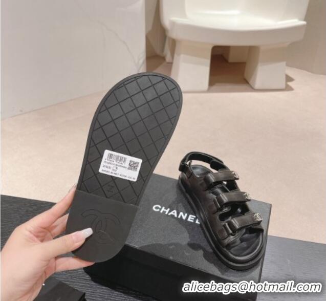 Popular Style Chanel Lambskin Flat Sandals with Triple Straps and Crystals CC Black 0423026