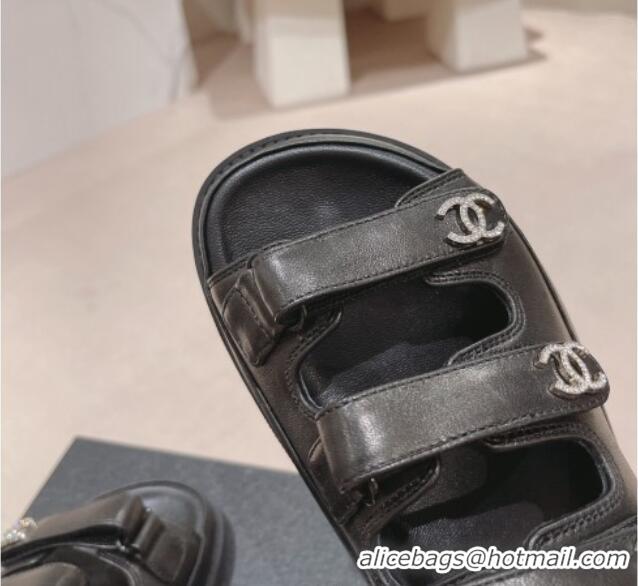 Popular Style Chanel Lambskin Flat Sandals with Triple Straps and Crystals CC Black 0423026