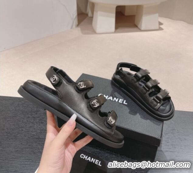 Popular Style Chanel Lambskin Flat Sandals with Triple Straps and Crystals CC Black 0423026