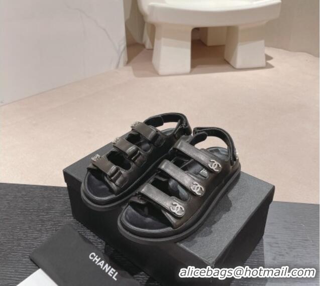 Popular Style Chanel Lambskin Flat Sandals with Triple Straps and Crystals CC Black 0423026