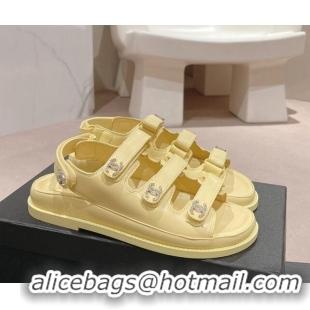 Good Product Chanel Lambskin Flat Sandals with Triple Straps and Crystals CC Yellow 0423027