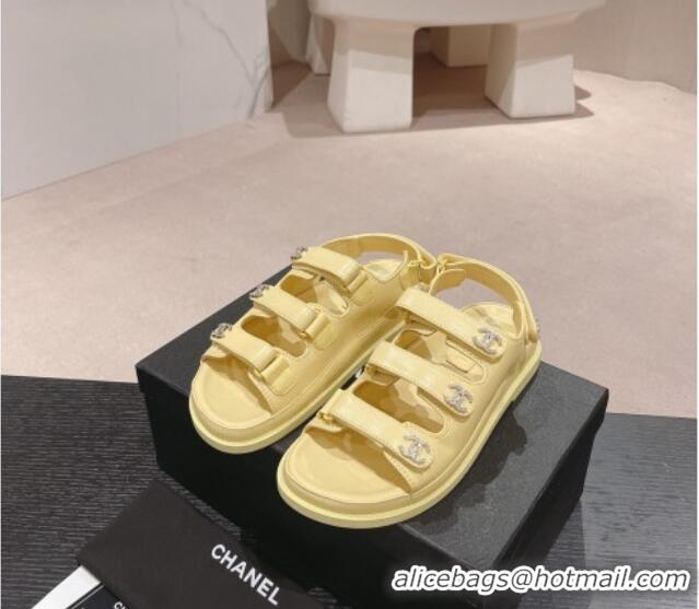 Good Product Chanel Lambskin Flat Sandals with Triple Straps and Crystals CC Yellow 0423027