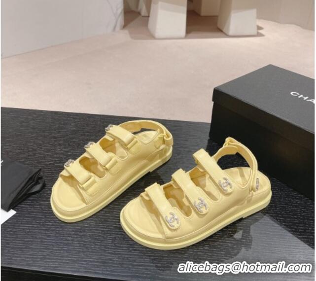 Good Product Chanel Lambskin Flat Sandals with Triple Straps and Crystals CC Yellow 0423027