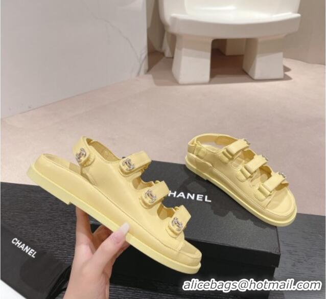 Good Product Chanel Lambskin Flat Sandals with Triple Straps and Crystals CC Yellow 0423027