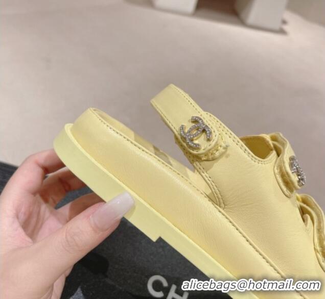 Good Product Chanel Lambskin Flat Sandals with Triple Straps and Crystals CC Yellow 0423027