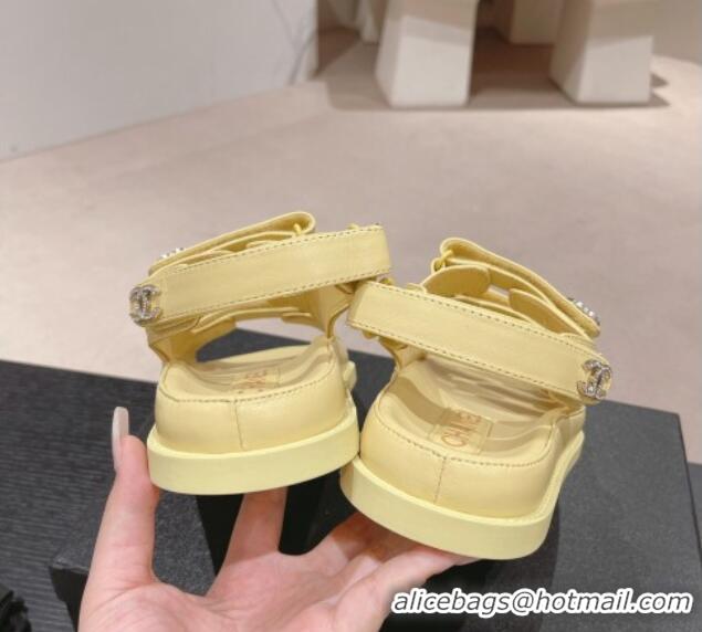 Good Product Chanel Lambskin Flat Sandals with Triple Straps and Crystals CC Yellow 0423027