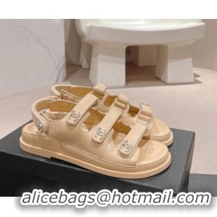 Buy Luxury Chanel Lambskin Flat Sandals with Triple Straps and Crystals CC Apricot 423028