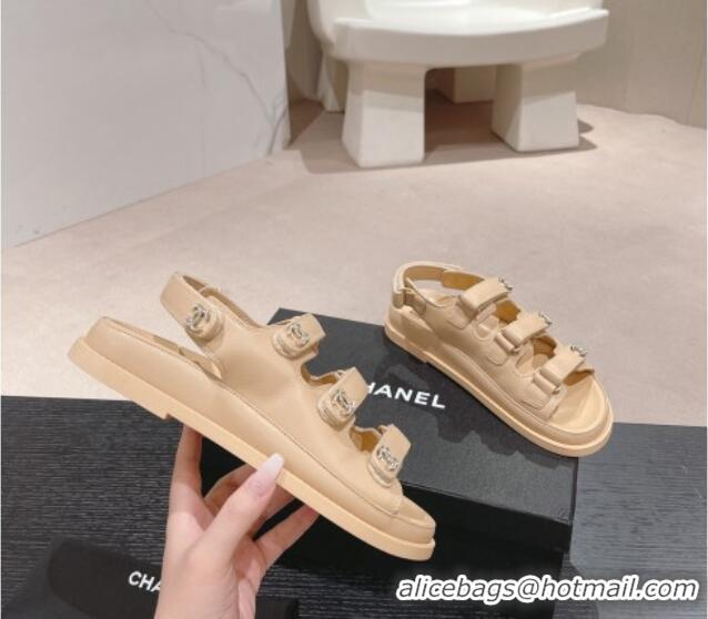 Buy Luxury Chanel Lambskin Flat Sandals with Triple Straps and Crystals CC Apricot 423028