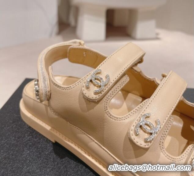 Buy Luxury Chanel Lambskin Flat Sandals with Triple Straps and Crystals CC Apricot 423028